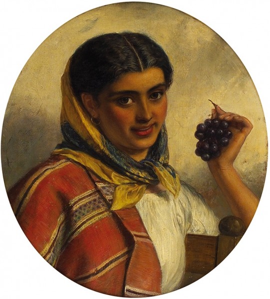 Лиддердэйл Чарльз Силлем (1830—1895) «Девушка с гроздью винограда». 1867. Доска, масло, 29 х 25,5 см.