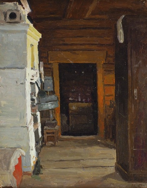 Сергеев Николай Сергеевич (1908—1989) «Шурина изба». 1947. Картон, масло, 32,5 х 25,8 см.