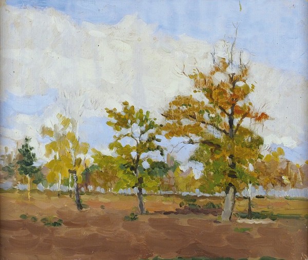 Сергеев Николай Сергеевич (1908—1989) «Деревья в поле». 1953. Картон, масло, 18,5 х 21,7 см.