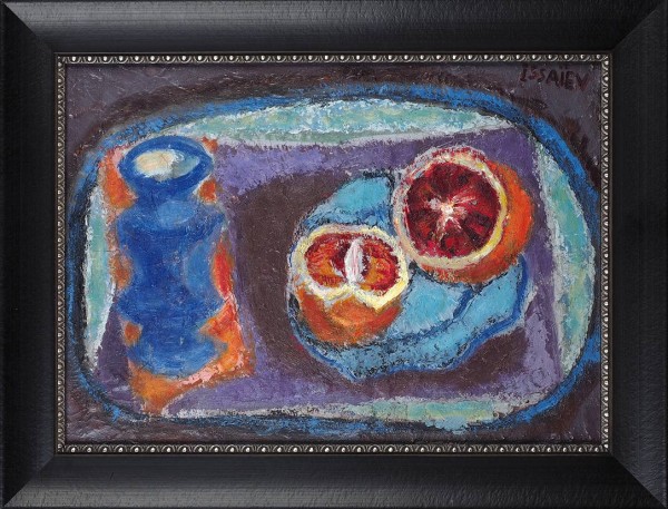 Исаев Николай Александрович (1891–1977) «Натюрморт с красными апельсинами». 1940-е — 1950-е. Оргалит, масло, 45,3 х 33 см.